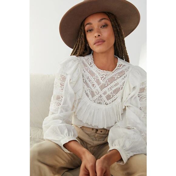 Anthropologie Ivory Lace Ruffled Bib Blouse Puff Sleeve Poetcore Romantic Top XS - Picture 7 of 7